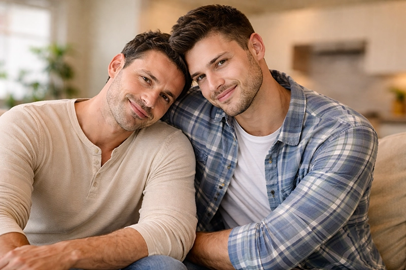 Zwei schwule Männer in inniger Pose auf dem Sofa, Header Blogpost, Gay Romance bei Thalia