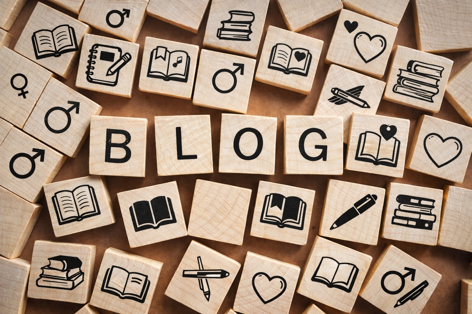 Holzwürfel mit Symbolen für Bücher und Liebe als Titelbild für den Gay Romance Bücherblog von Marc Weiherhof