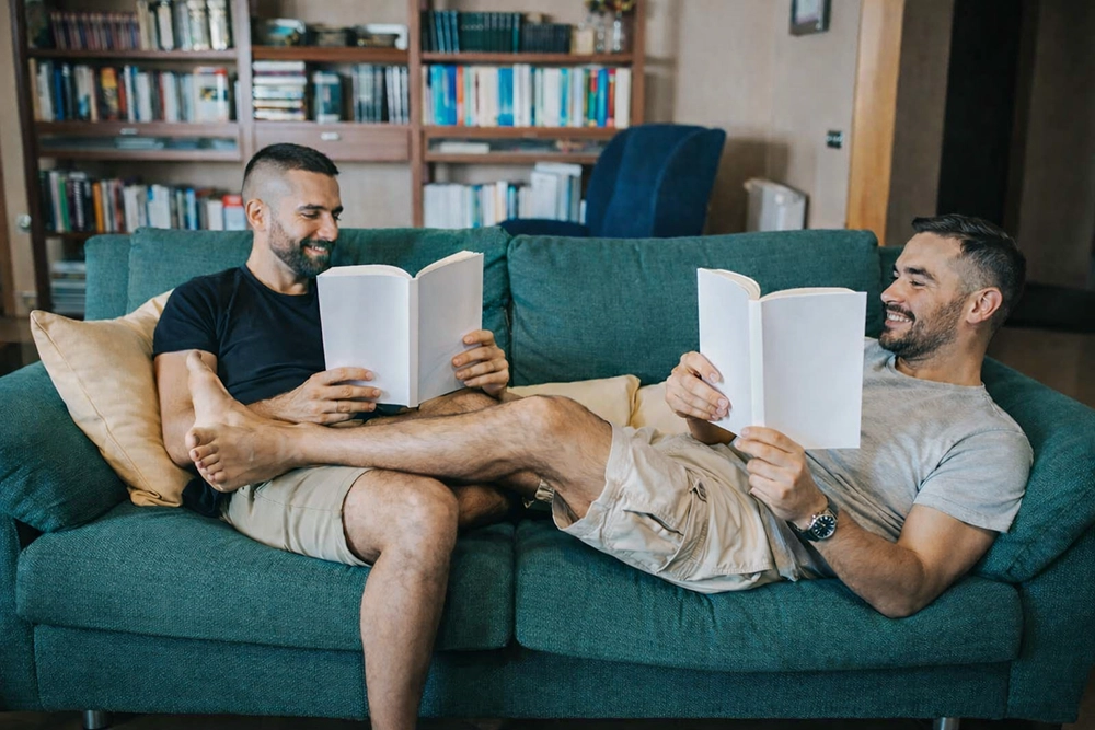 Schwules Pärchen beim Lesen auf der Couch.