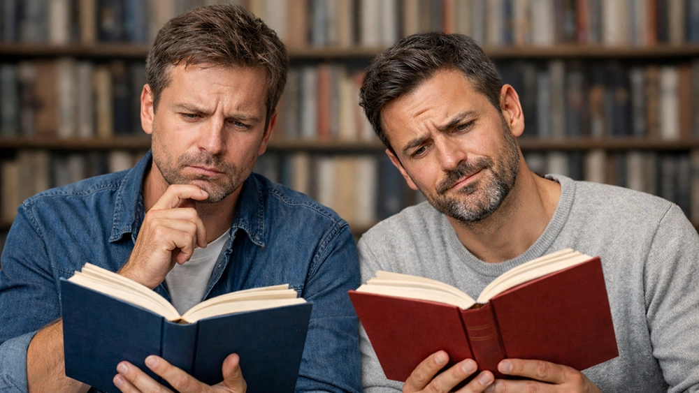 Zwei Männer mit Bücher und Fragezeichen in den Gesichtern. Titelbild für die Seite "queeres Buchlexikon"
